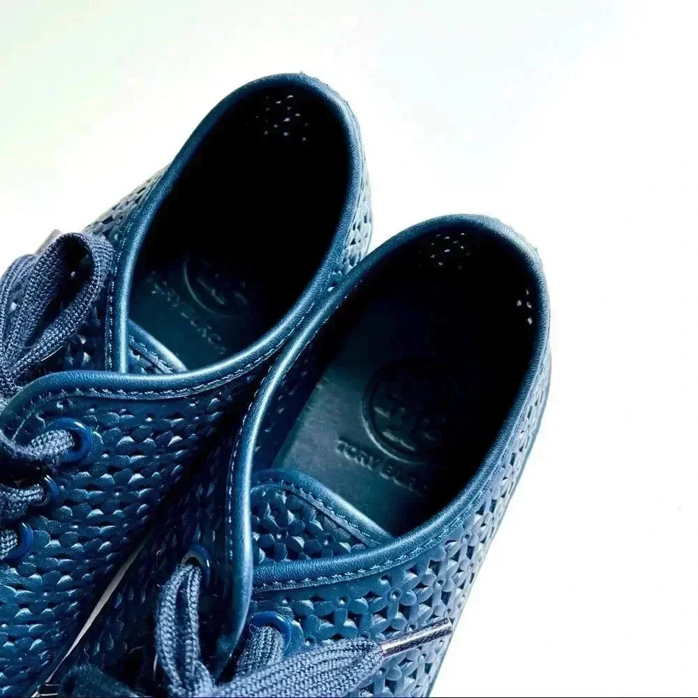 Tory Burch Navy Floral Perforated Leather/Suede Sneakers